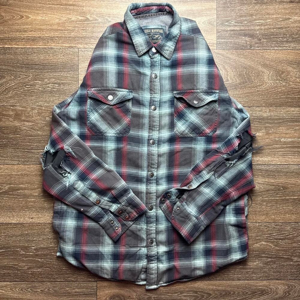 Vintage Y2K Distressed Thermal Lined Flannel; Thrashed Out Elbows
